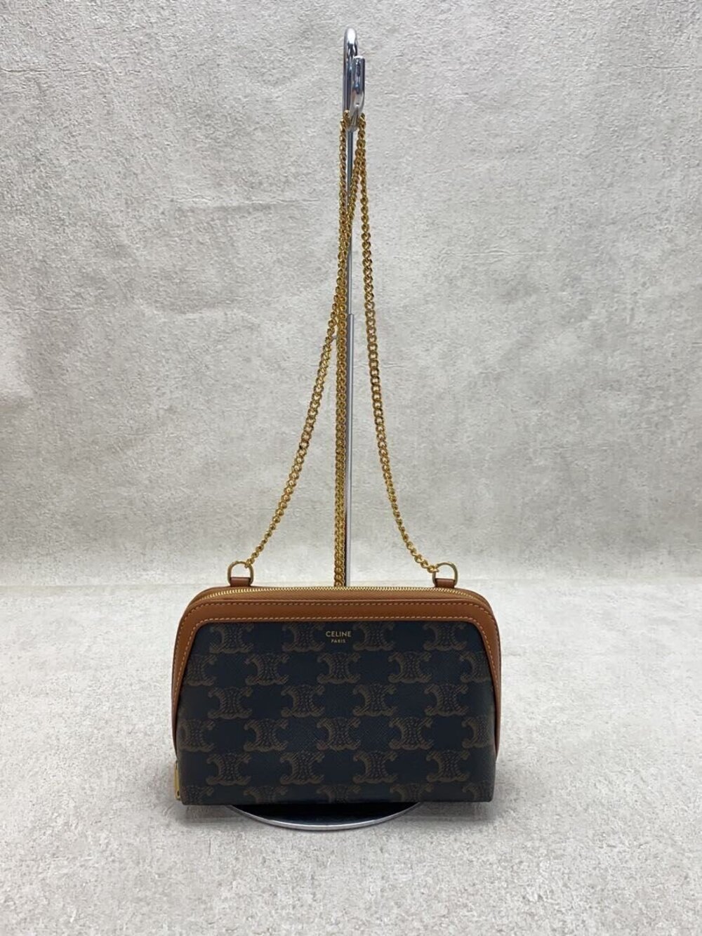 Celine Chain Shoulder Bag Triomphe Canvas Leather Brown All over